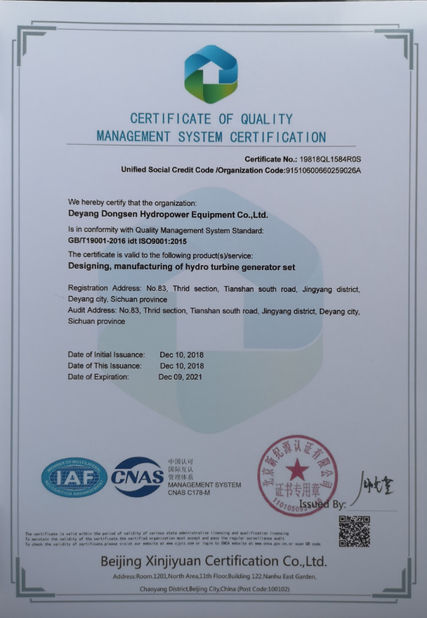 Porcellana Deyang Dongsen Hydropower Equipment Co., Ltd. Certificazioni